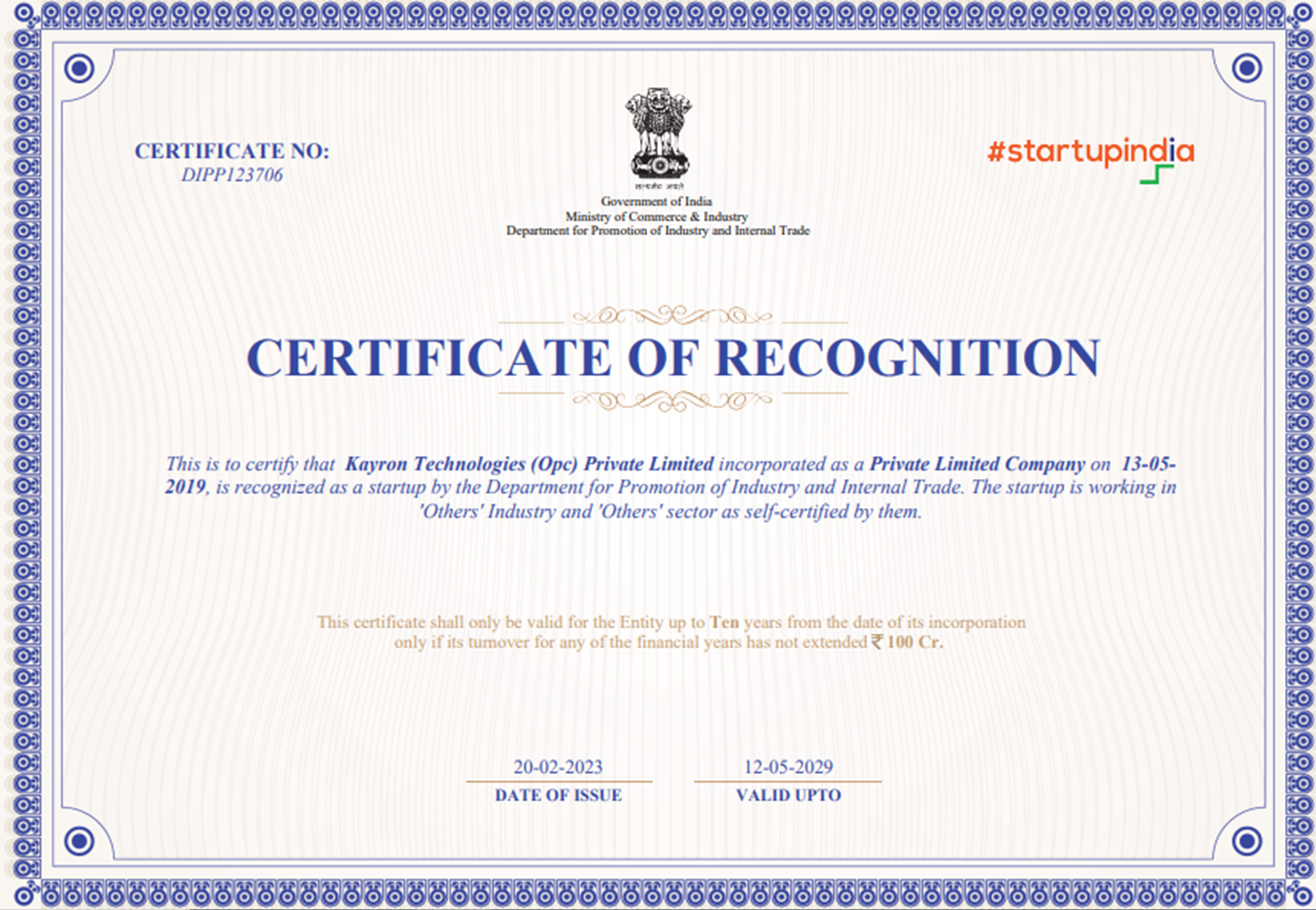 Startup Certificate